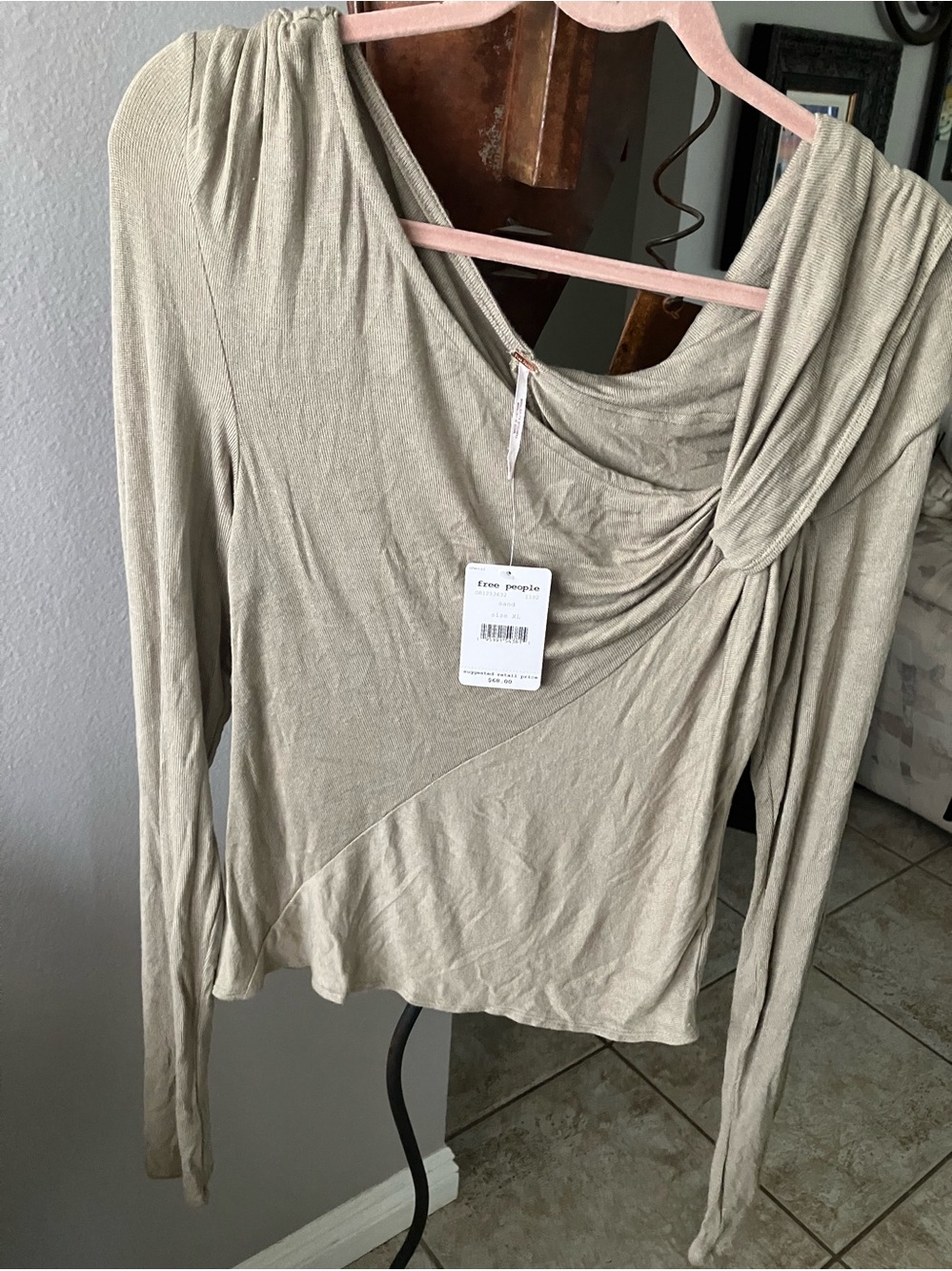 Free People Brianne Asymmetrical Style Knot-Detail Long Sleeve Top Sand  NWT XL